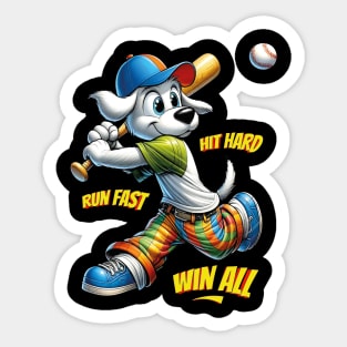 Youth Baseball Motivation Cartoon Dog Tee Hit Hard Run Fast Win All Sticker